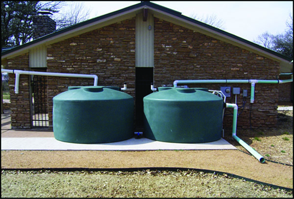 Rainwater harvesting system capable of capturing 2,200 gallons at the Xeriscape Gardens in Edmond, Oklahoma