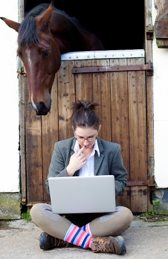Horse with girl and labtop