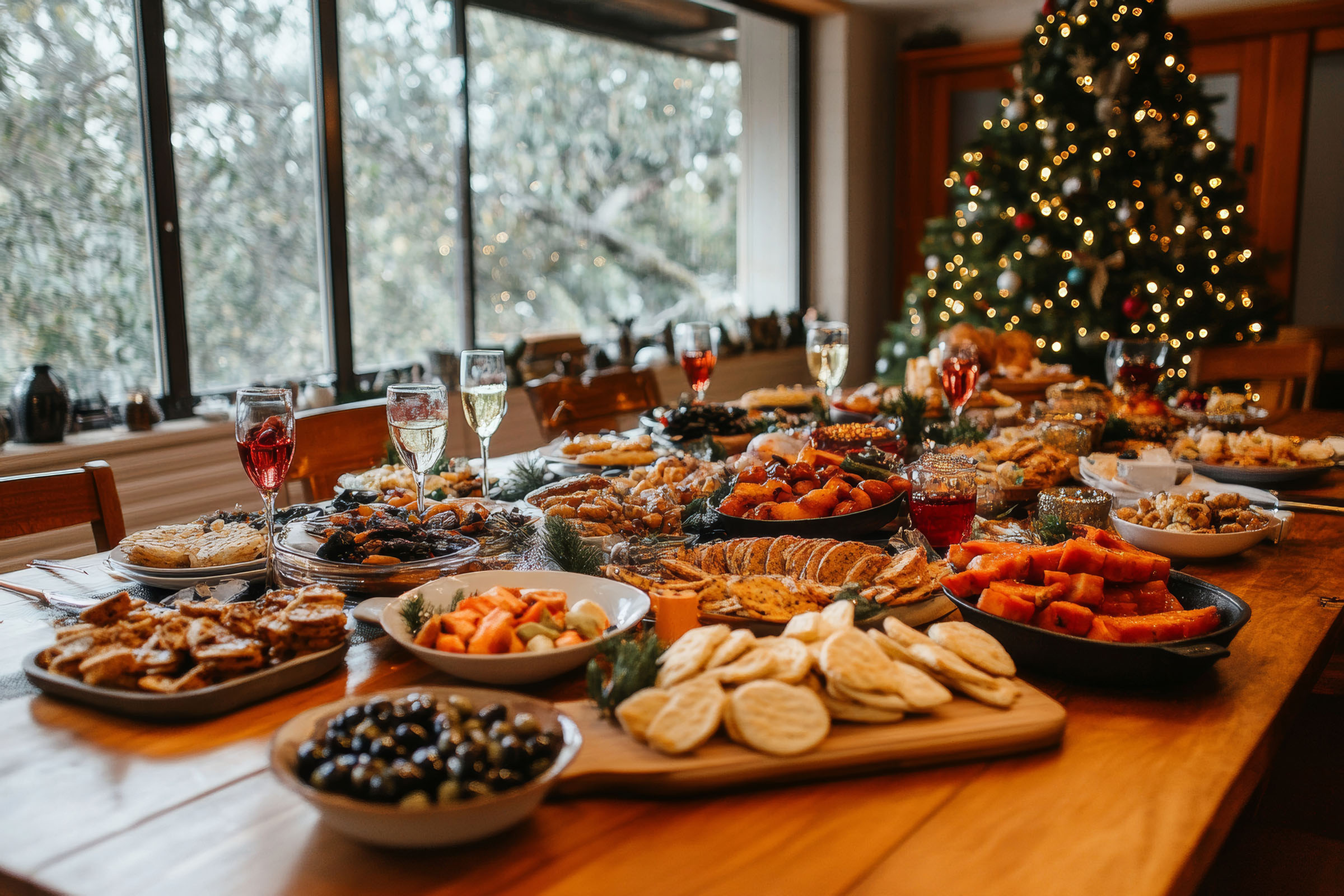 A table filled with dishes of food and drinks with a Christmas tree decorated with ornaments and lights at the end of the table and a snowy landscape outside the windows.