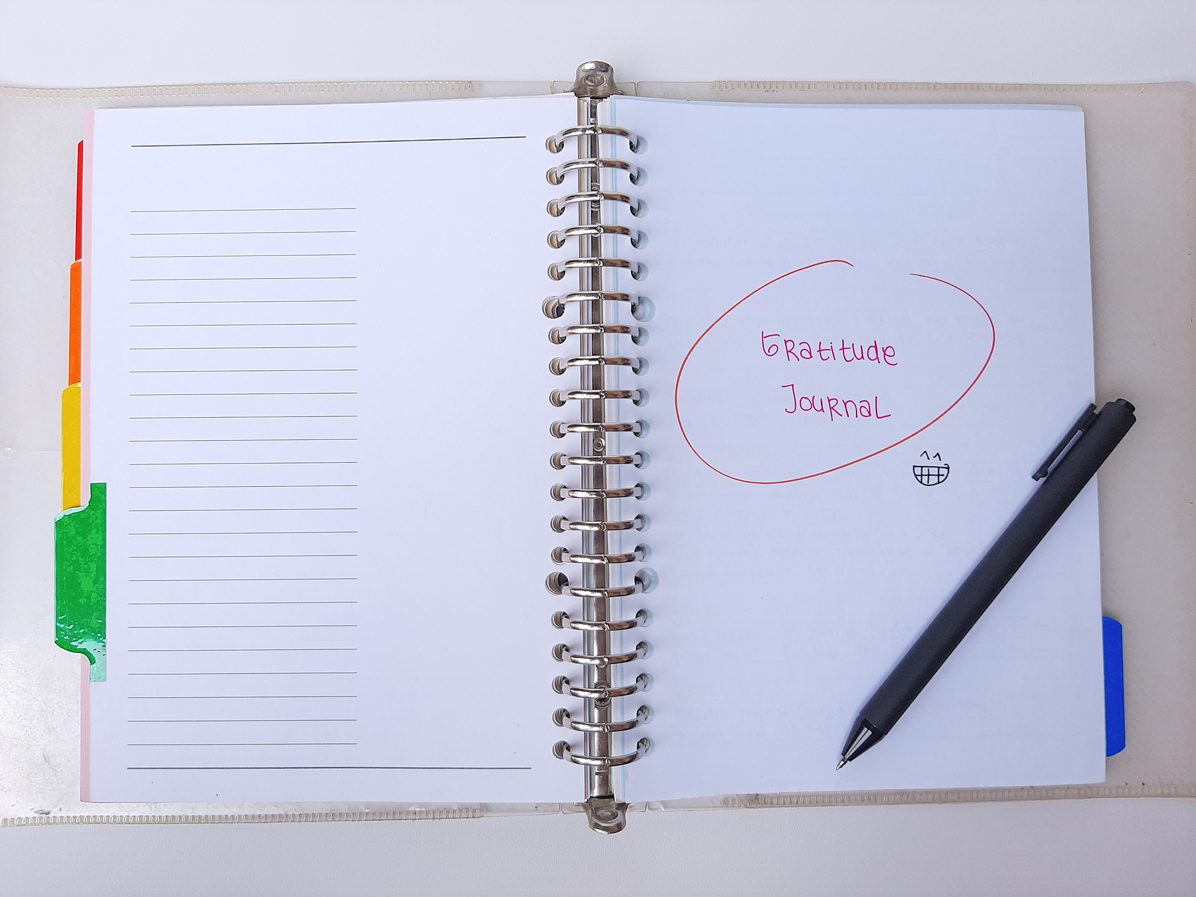 An open notebook with the words "Gratitute Journal" on the page.