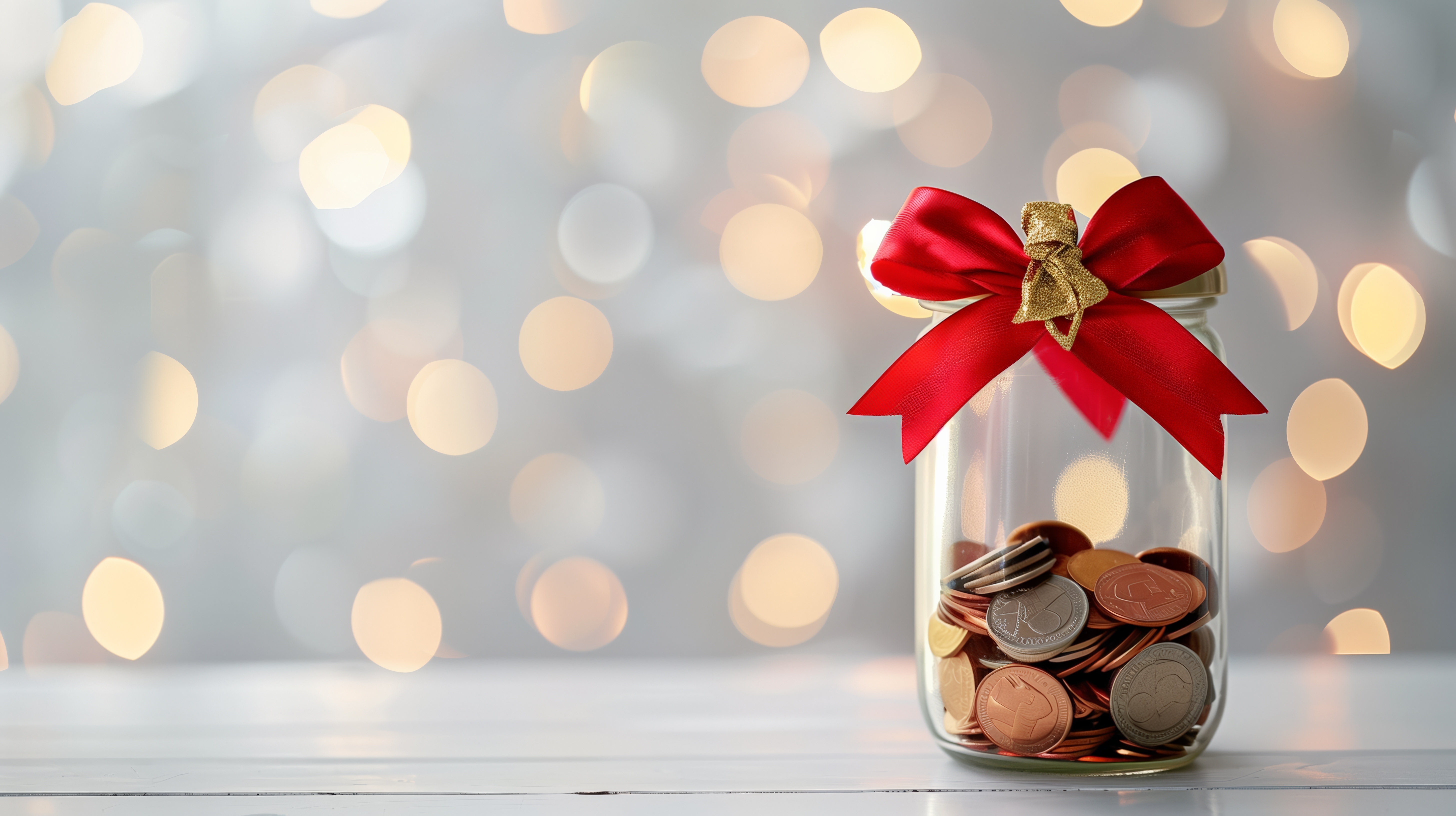 Glass jar filled with coins and decorated with a red bow against a background of soft holiday lights.