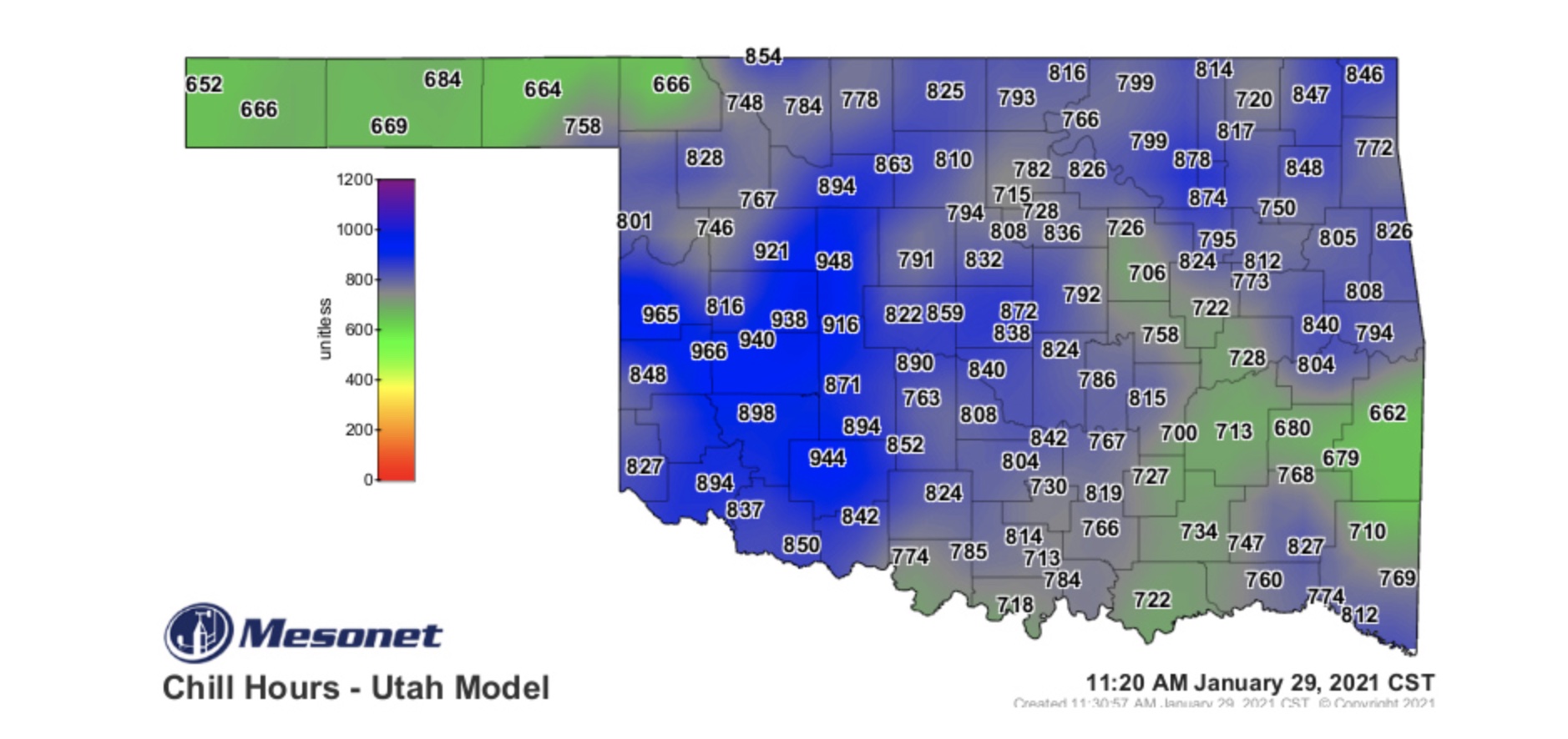 a green and blue Mesonet Chill Hours map for January 29, 2021.