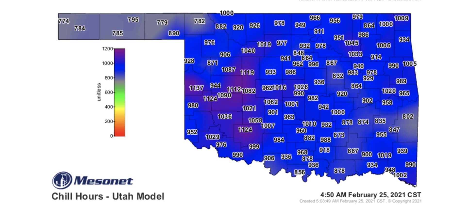 A blue Mesonet Chill Hours map for February 25, 2021.