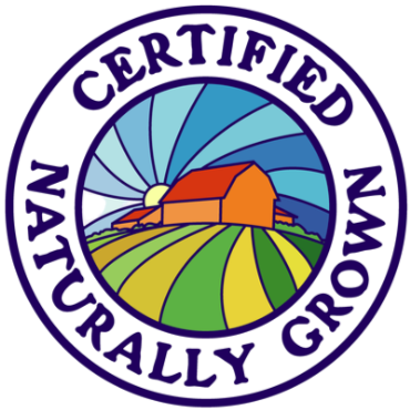 Certified Naturally Grown logo featuring a colorful farm landscape with fields, a barn, mountains, and a rising sun, surrounded by the words “Certified Naturally Grown.”