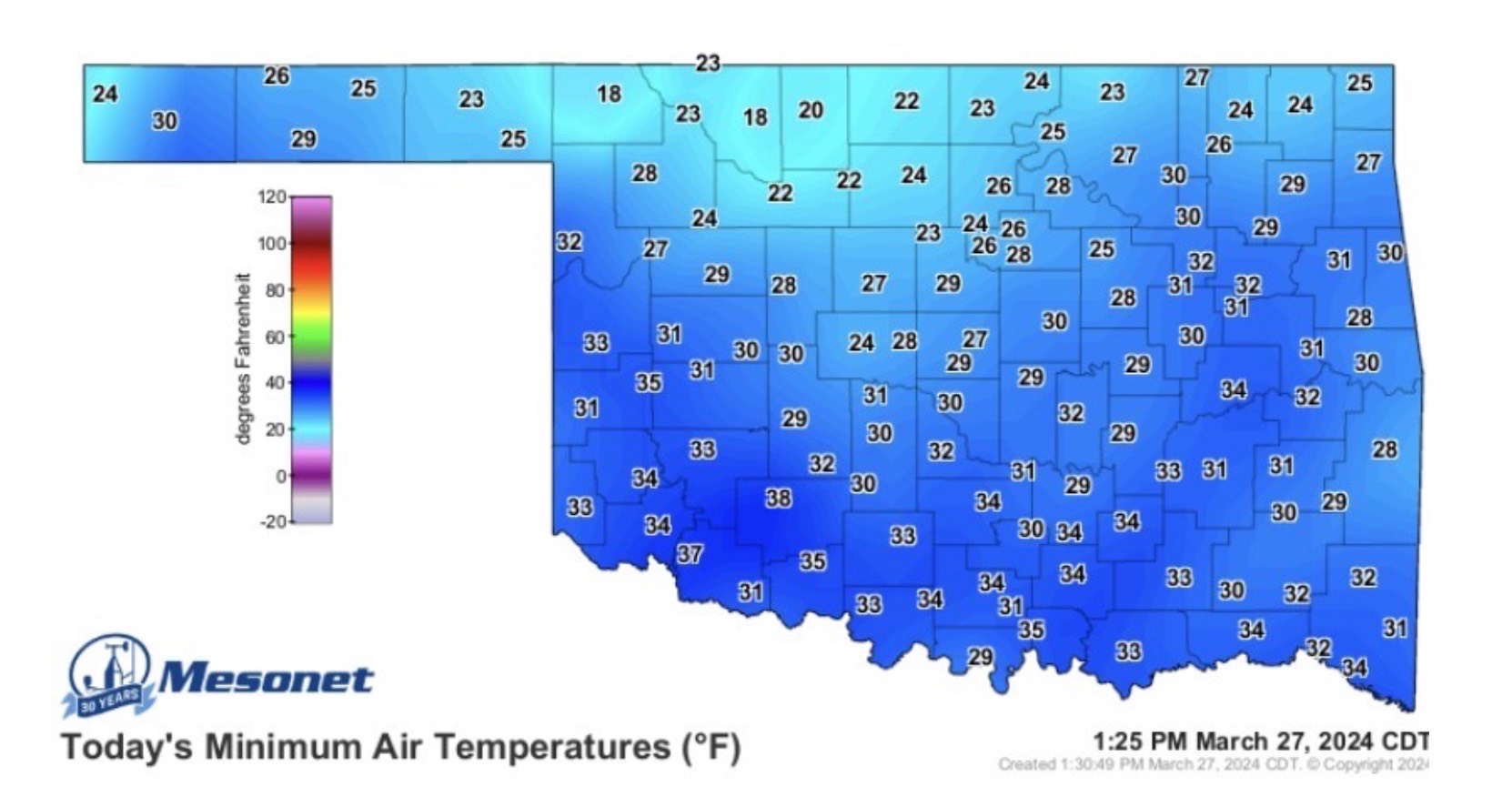 A blue map of Oklahoma with outlines of the counties with different temperature ranges indicating the cold weather that Oklahoma recieved on March 27, 2024.