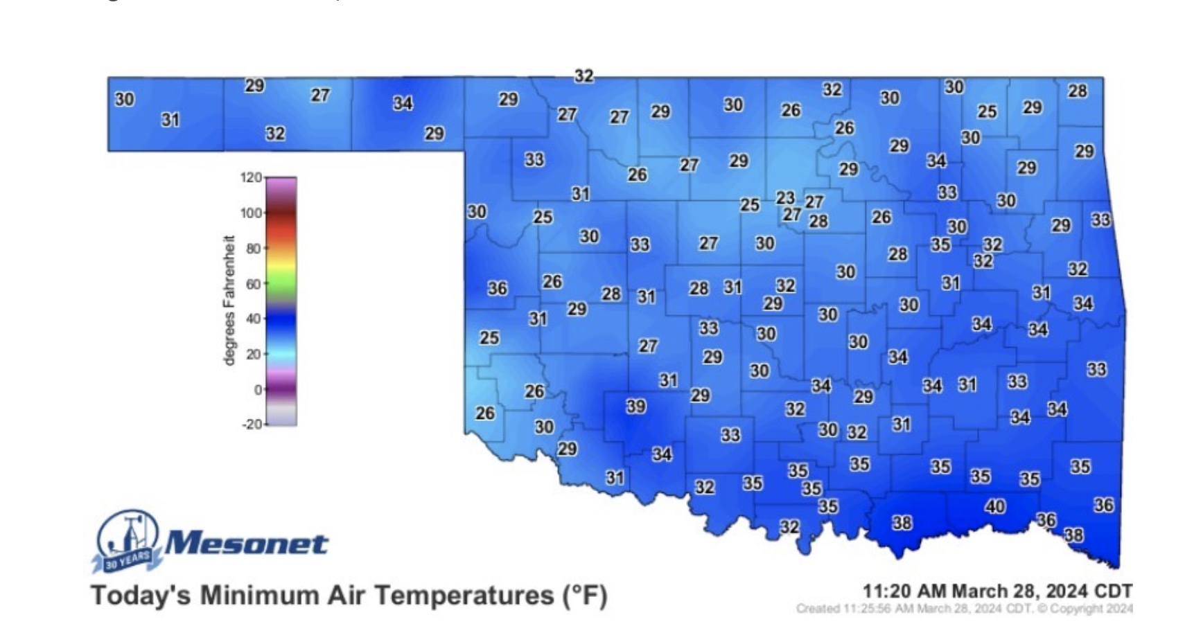 A blue map of Oklahoma with outlines of the counties with different temperature ranges indicating the cold weather that Oklahoma recieved on March 28, 2024.