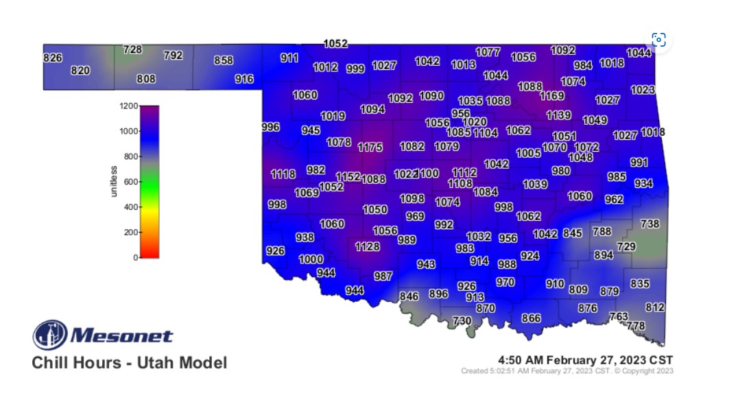 A blue map of Oklahoma with outlines of the counties with different temperature ranges indicating the cold weather that Oklahoma recieved on February 27, 2022.