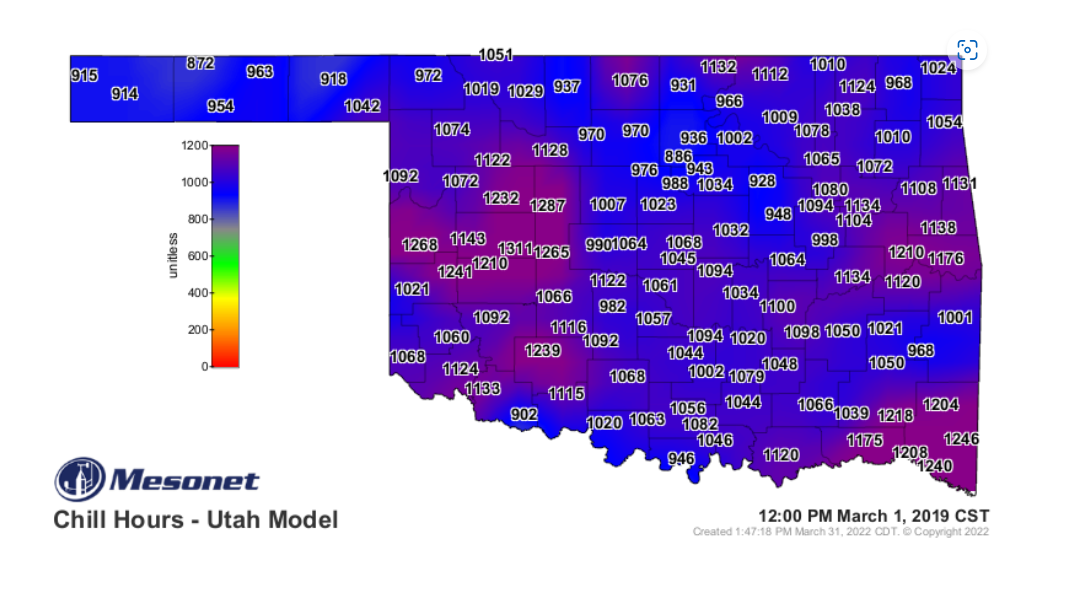A blue map of Oklahoma with outlines of the counties with different temperature ranges indicating the cold weather that Oklahoma recieved on March 1, 2019.