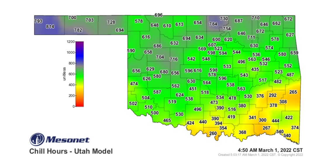 A green map of Oklahoma with outlines of the counties with different temperature ranges indicating the cold weather that Oklahoma recieved on March 1, 2022.