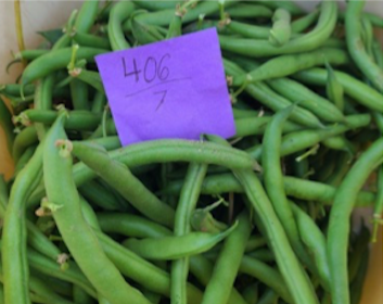 A purple sticky note that says '406/7' on top of green snap beans.