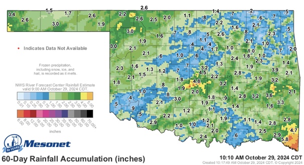 A blue and green map of Oklahoma that indicares the frozen precipitation including snow, ice, hail and as it melts. This is from October 29, 2024.