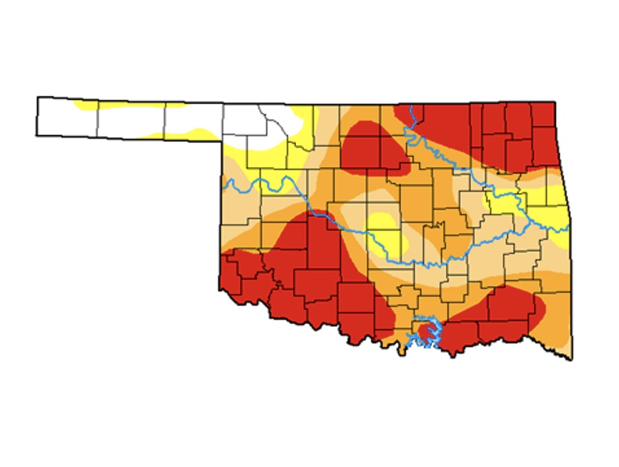 A red, orange, yellow and tan map of Oklahoma from October 22, 2024 that shows the drought conditions, with yellow being abnormally drought, tan being. moderately drought, and red being extreme drought.