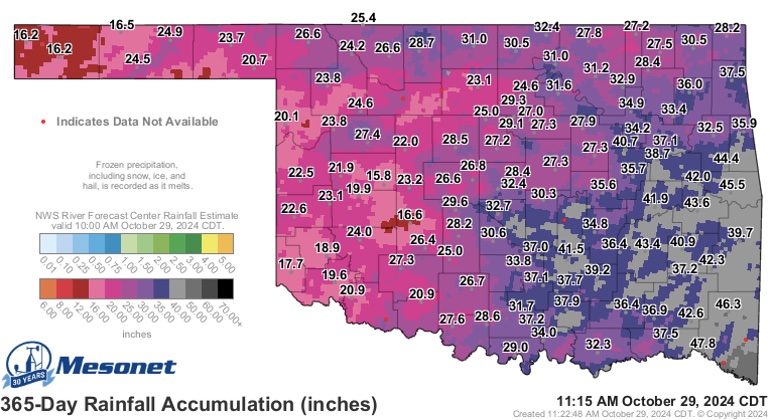 A pink and purple map of Oklahoma that indicates the frozen precipitation forecast for October 29, 2024 in inches.