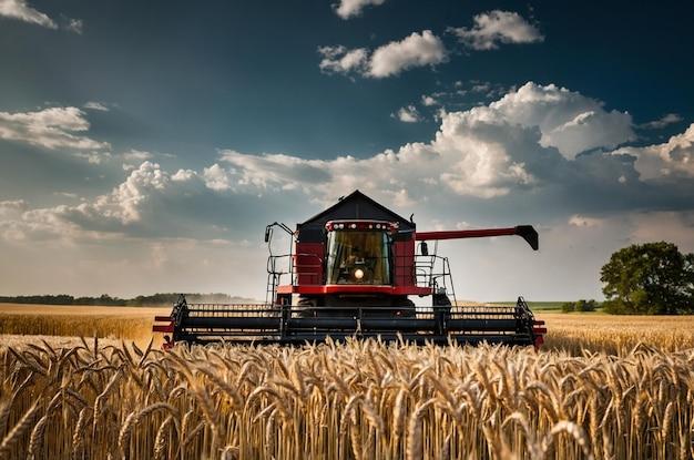 A red combine harvester harvests a golden wheat field under a cloudy blue sky.