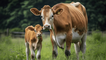 A brown cow and a brown calf standing in a grassy field.
