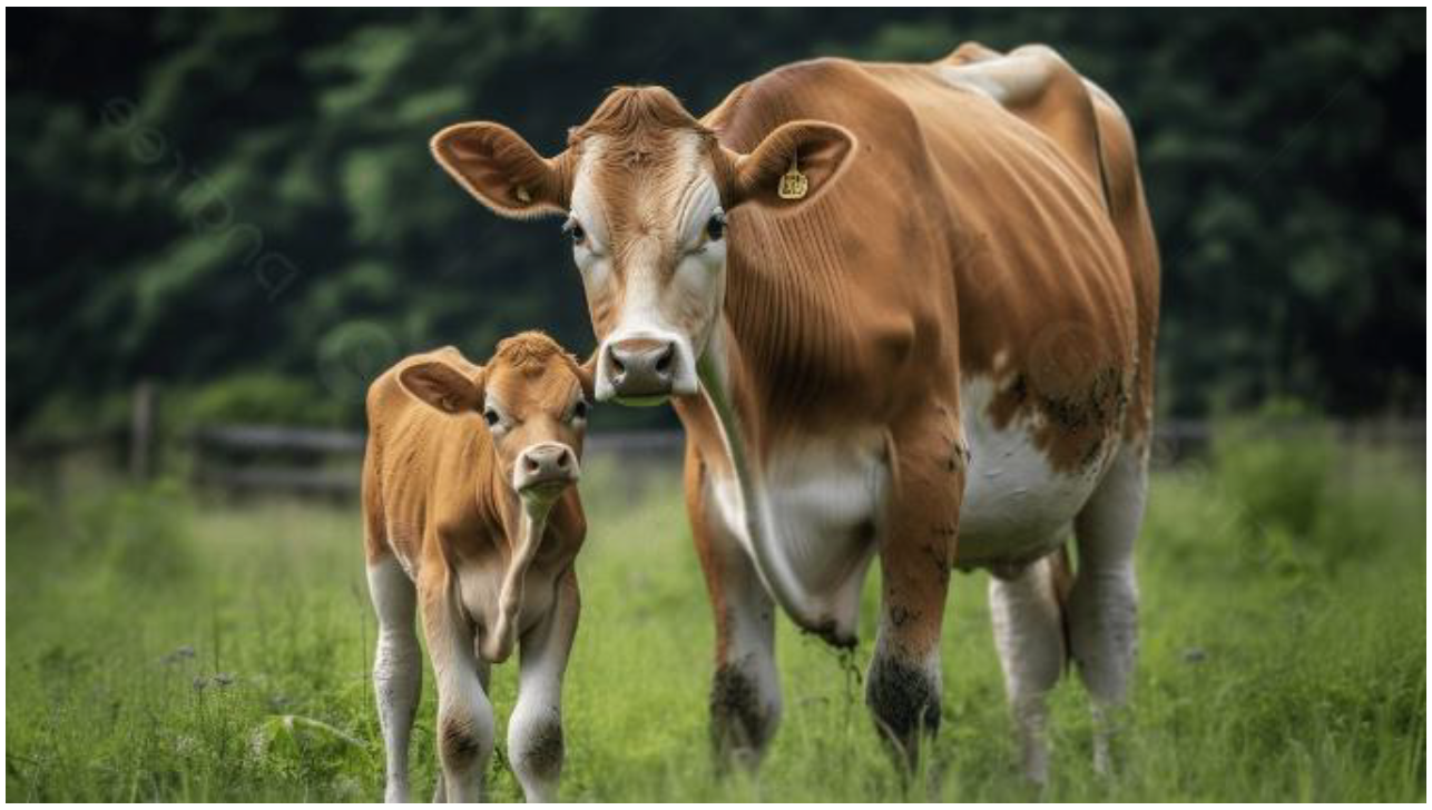 A brown cow with an ear tag walks next to a young calf through a green pasture with trees in the background.