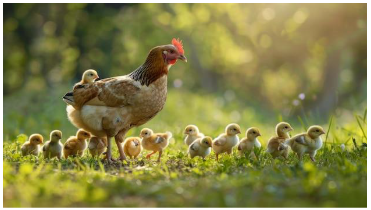 figure-13-salmonella-in-backyard-poultry.png Hen standing in sunlit grass surrounded by fluffy chicks with one chick perched on her back in a soft-focus countryside setting.