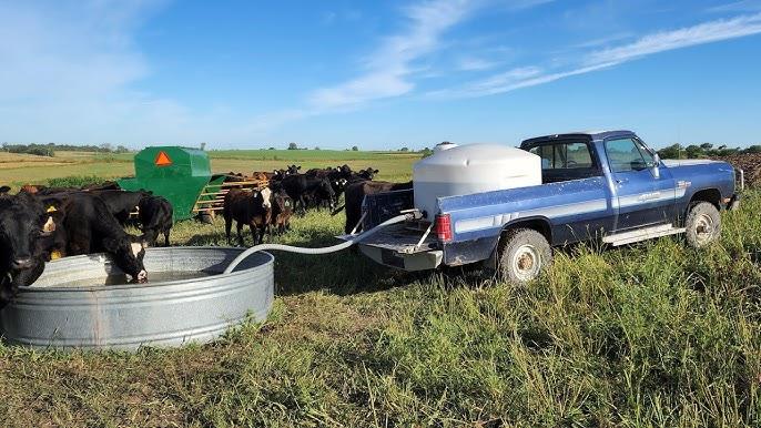 A blue pickup truck with a large white water container filling up a water container.