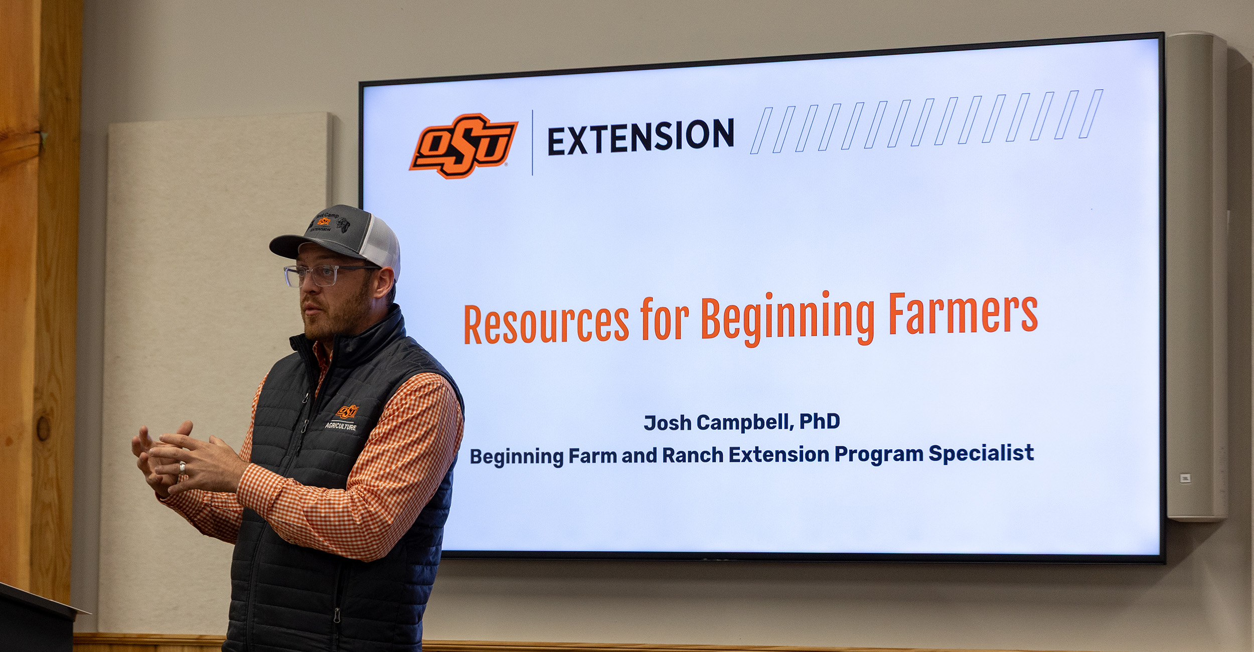 OSU Extension beginning farm and ranch specialist Josh Campbell presents information during a lecture.