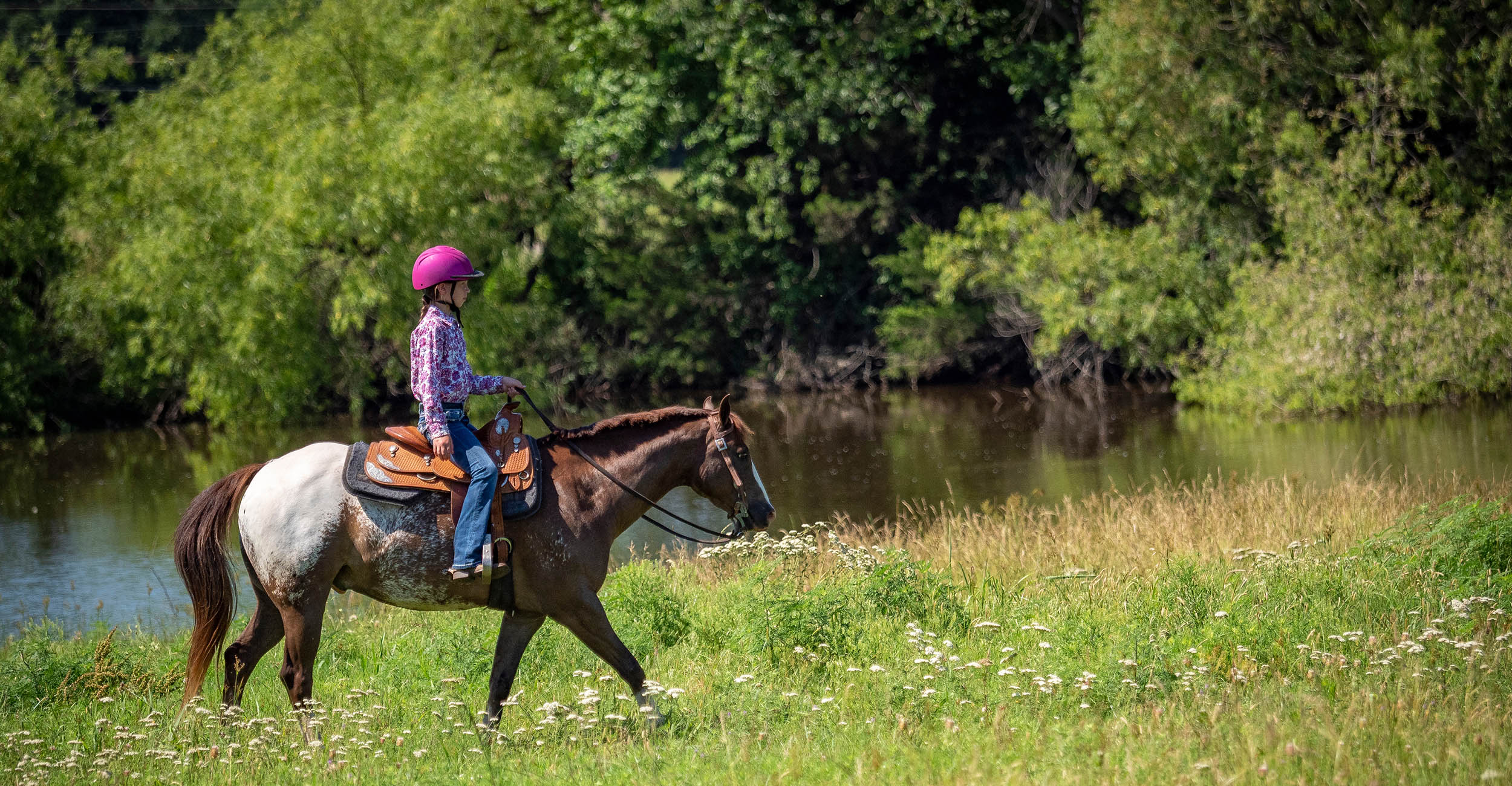 A young girl riding her horse in a meadow alongside a pond in front of a tree line. The girl's riding helmet is pink, her shirt is a pink paisley print and her horse is a sorrel red with white coloration on his rump and hind quarters.