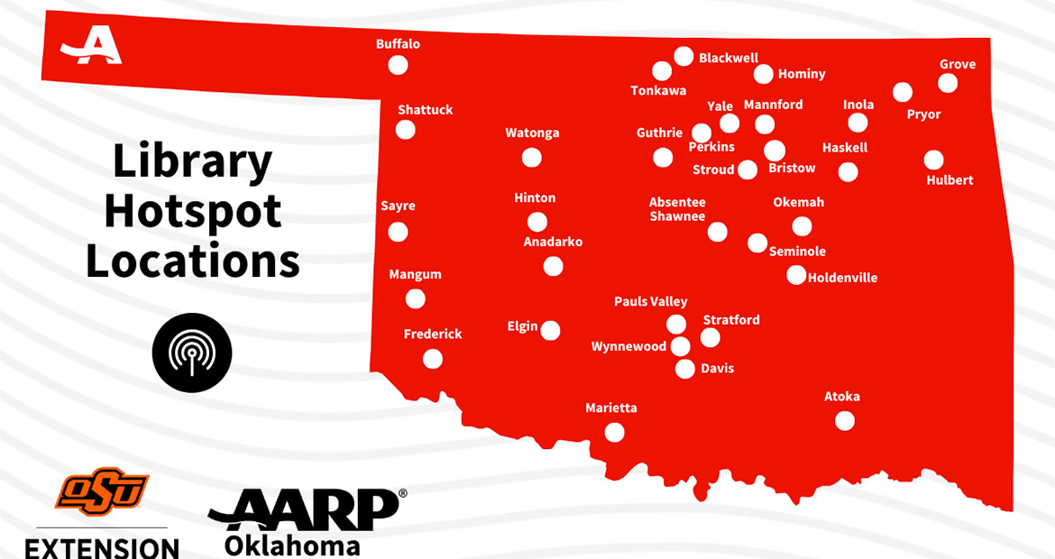 The state of Oklahoma in red with 33 white dots on different communities statewide. The title reads Library Hotspot Locations and the OSU Extension and AARP Oklahoma logos are in the bottom left corner.