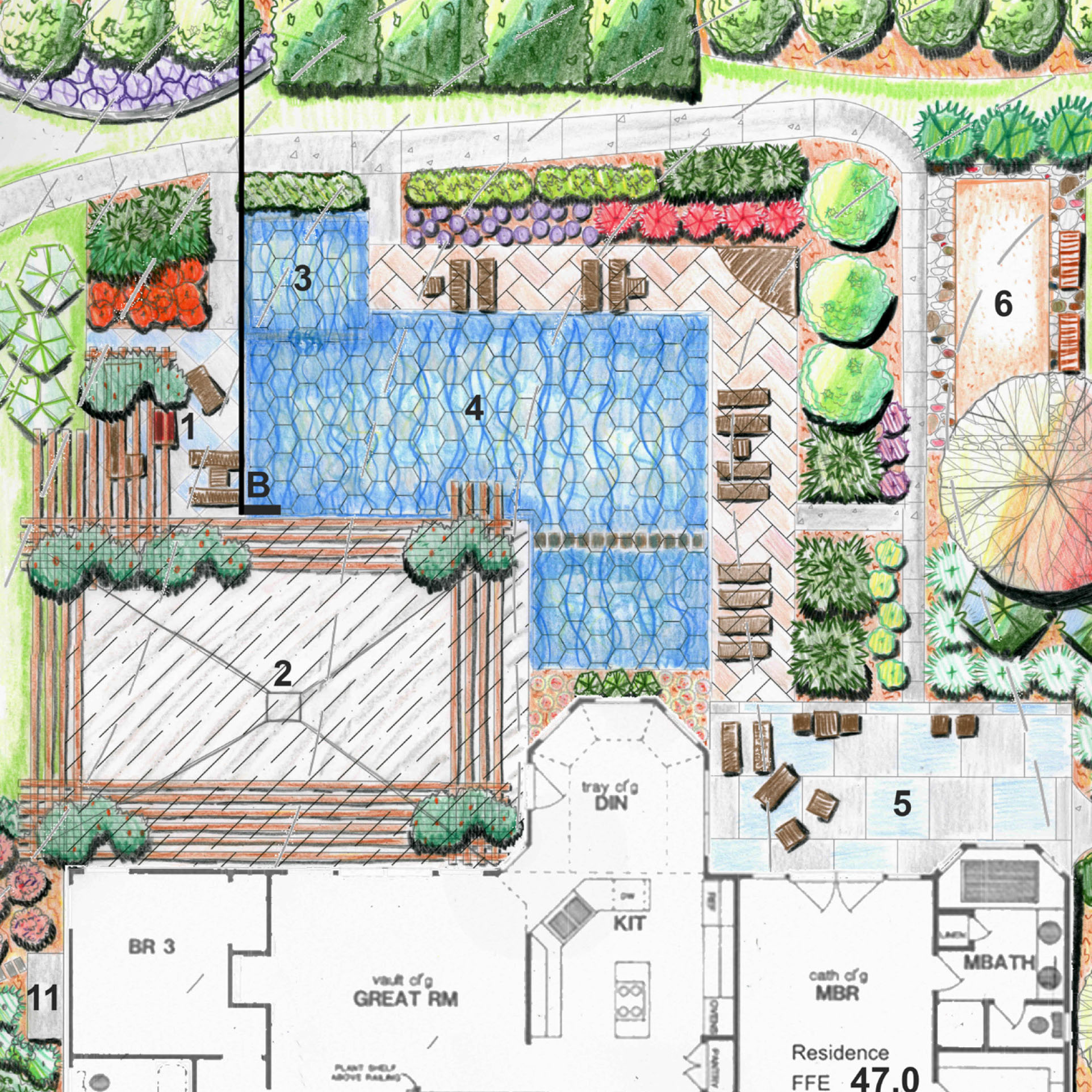 Color pencil rendering of a landscape design.