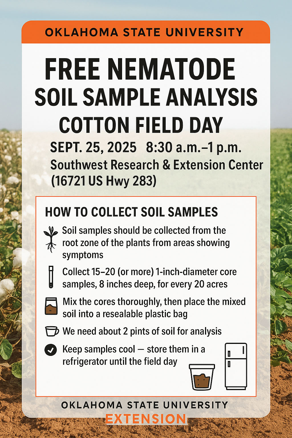 Free Nematode, Soil Sample Analysis, Cotton Field Day poster with text how to collect soil samples.