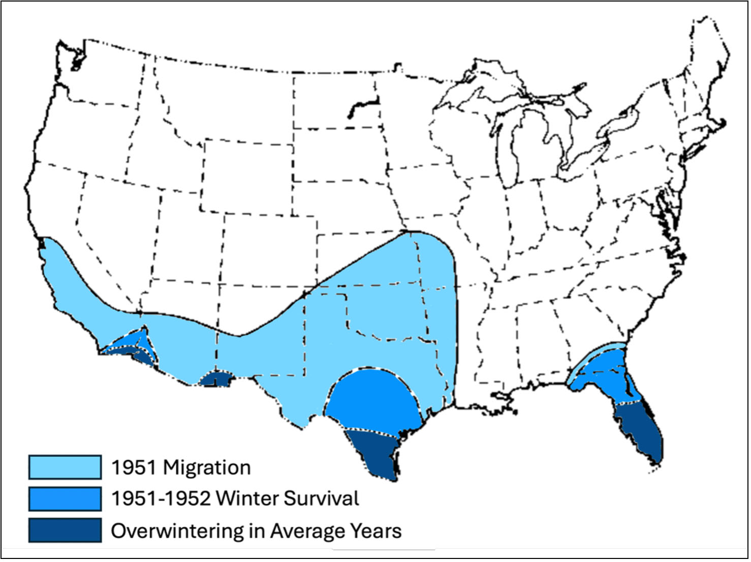 A map of USA with the dashed lines for the states. A light blue shaded area for the migration in 1951, a blue shaded area for 1951-1952 Winter Survival and dark blue shaded area of overwintering in average years.