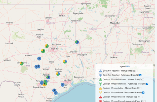 A regional map of the south-central United States, focused on Texas, Oklahoma and nearby states, displaying monitoring locations for pecan nut casebearer activity.  Colored markers are scattered across the map—especially throughout Texas—with numbers inside them indicating trap counts or observation sites. The colors appear to represent different pest risk or activity levels, ranging from low or not reached (blue) to active or passed decision windows (green, yellow, orange and red).  A legend in the lower right explains the categories, such as “biofix not reached,” “decision window imminent,” “decision window active,” and “decision window passed,” for both manual and automated traps.  Overall, the map shows that pecan nut casebearer activity is already underway in southern and central Texas and progressing northward, helping growers determine when to begin scouting or apply control measures.