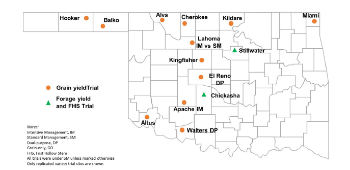 A map of Oklahoma showing an orange circle for the counties that included a Grain yieldTrail, and a green triangle for the counties that included a Forage yield and FHS Trial. The counties in orange are Hooker, Balko, Alva, Cherokee, Kildare, Lahoma, Miami, El Reno, Altus, Apache and Walters. The counties in green are Stillwater and Chickasha.