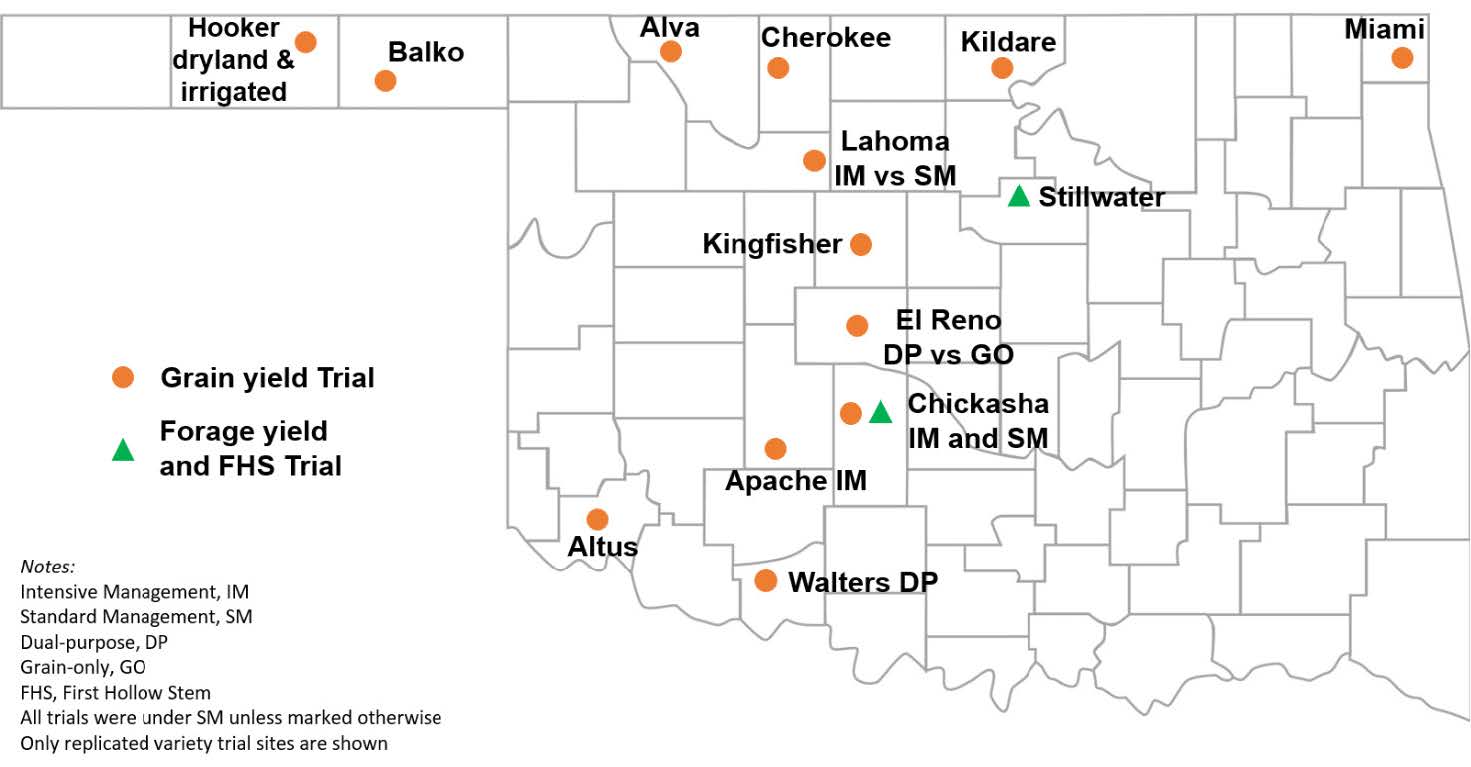 A map of Oklahoma showing grain yield trial locations with orange circles and forage yield and FHS trial locations with green triangles. Grain yield trials are shown in Hooker, Balko, Alva, Cherokee, Kildare, Lahoma, Miami, Kingfisher, El Reno, Chickasha, Altus, Apache and Walters. Forage yield and FHS trials are shown in Stillwater and Chickasha.