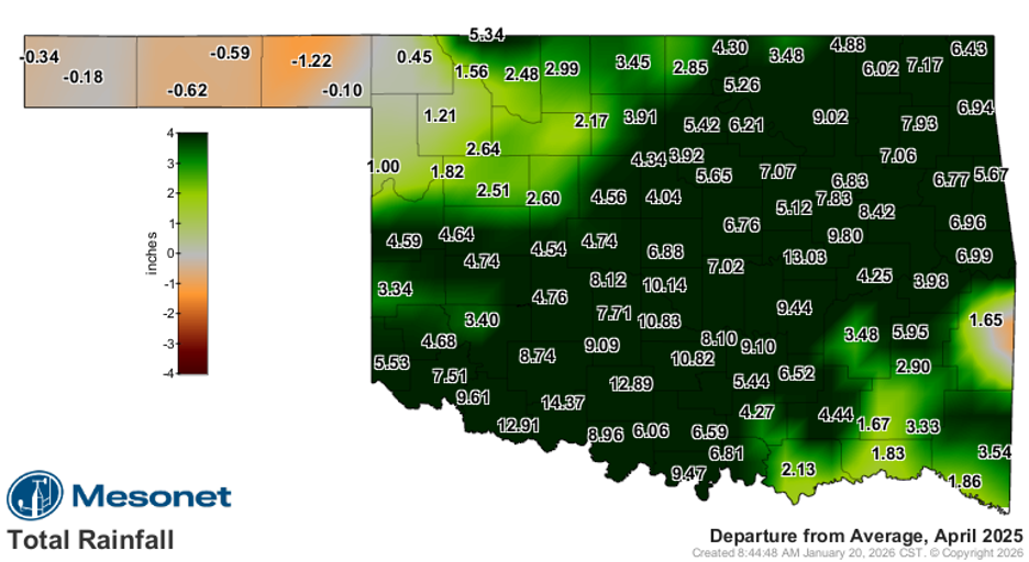 April Oklahoma Rainfall Mesonet map showing April 2025 total rainfall departure from average across Oklahoma, with rainfall deficits in northwest Oklahoma and much higher-than-average rainfall across central and eastern parts of the state.
