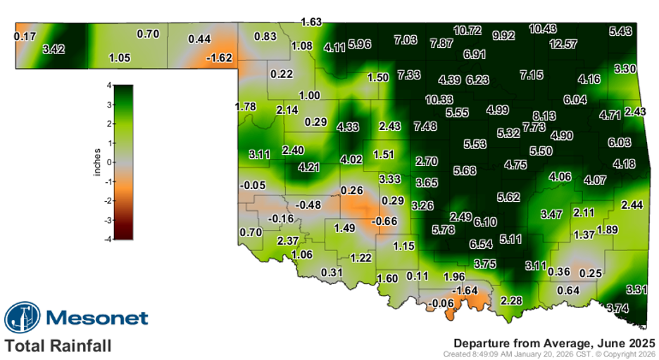 June Oklahoma Rainfall A Mesonet map showing June 2025 rainfall departures across Oklahoma, with many areas receiving 4–8 inches above average and some northern locations exceeding 10 inches above normal.