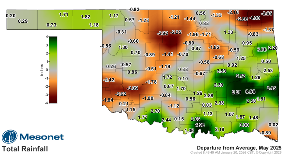 May Oklahoma Rainfall A Mesonet map showing May 2025 rainfall and departure from average across Oklahoma, with below-average rainfall in western, central and northern areas and above-average rainfall in southern and southeastern Oklahoma.