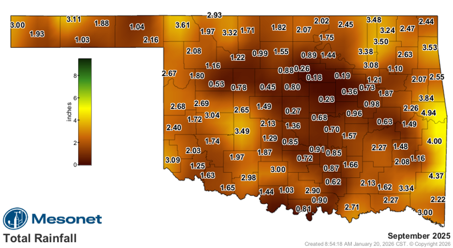 September Oklahoma Rainfall A Mesonet map showing September 2025 rainfall totals across Oklahoma. Most areas received 1–3 inches, with some locations recording less than 1 inch and parts of eastern Oklahoma receiving up to 4.94 inches.