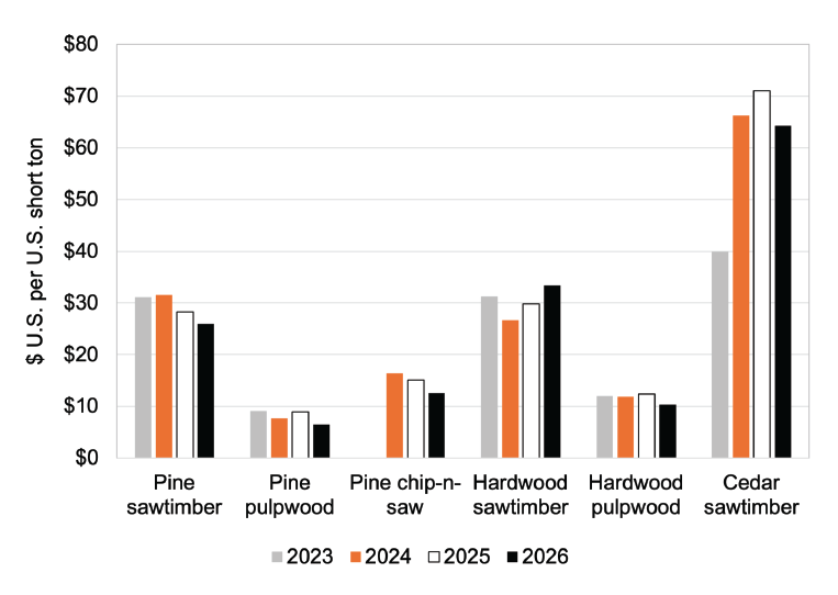 Bar chart comparing average stumpage prices for pine, hardwood and cedar products from 2023 to 2026. Cedar sawtimber has the highest prices, while pine pulpwood has the lowest.