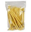 A clear plastic bag filled with multiple yellow rubber bands.