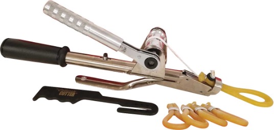 A metal bar with an attached handle used for tightening a rubber hose, with four looped hoses and a black tool next to the metal Callibrated Bander.
