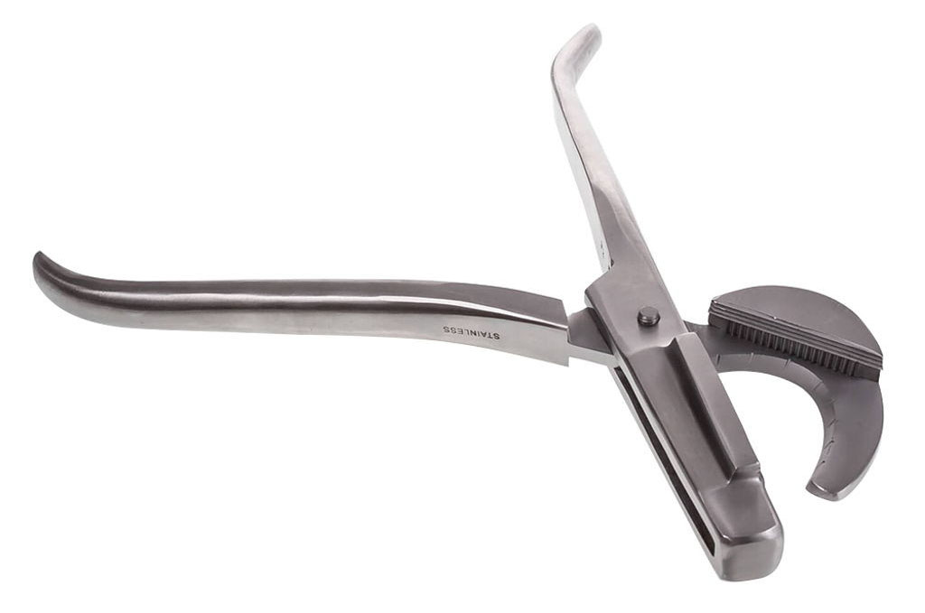 Silver metal pliers with one end shaped as a half circle.
