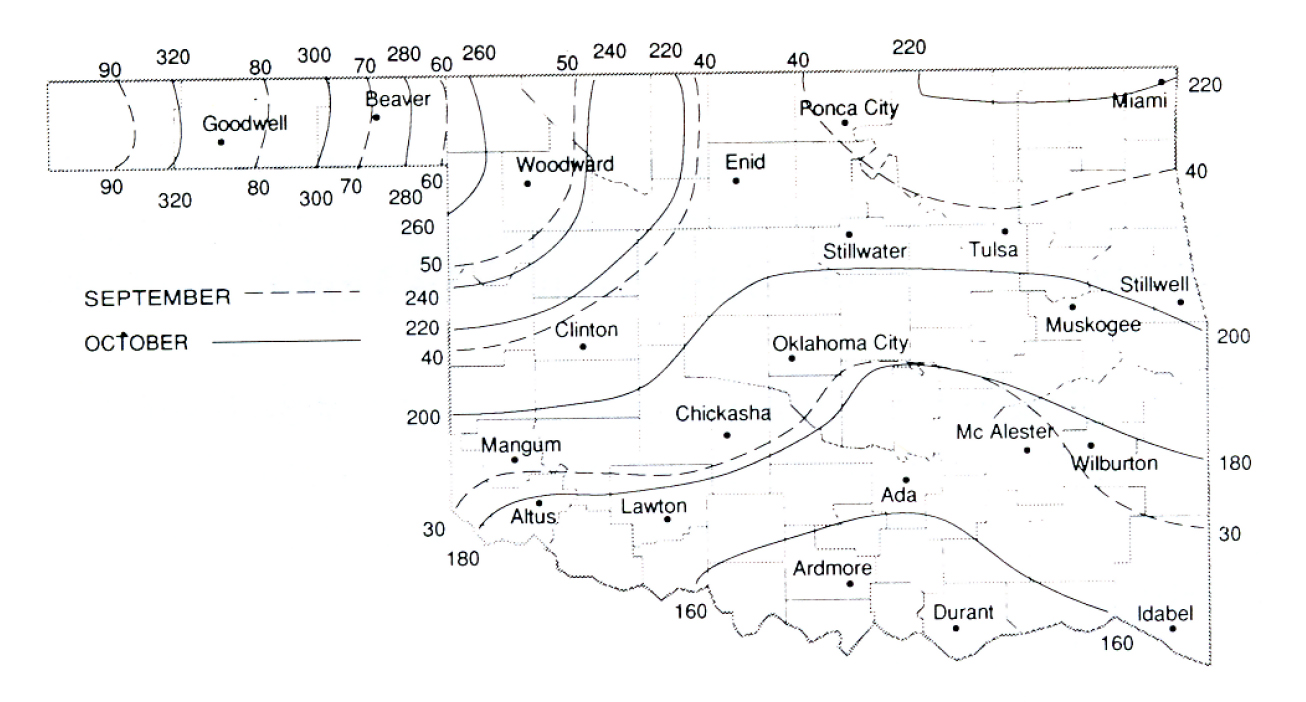 Map of Oklahoma showing amount of hours temperatures are below 55 F