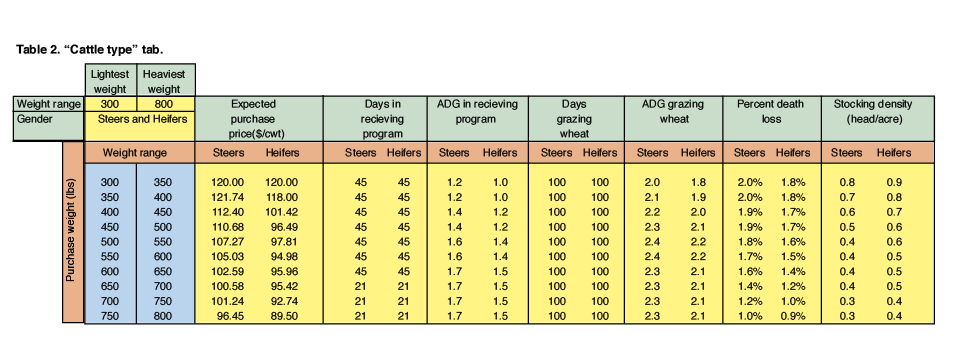 Cattle type tab with examples of what information is required in the cells. Cattle type tab with examples of what information is required in the cells.