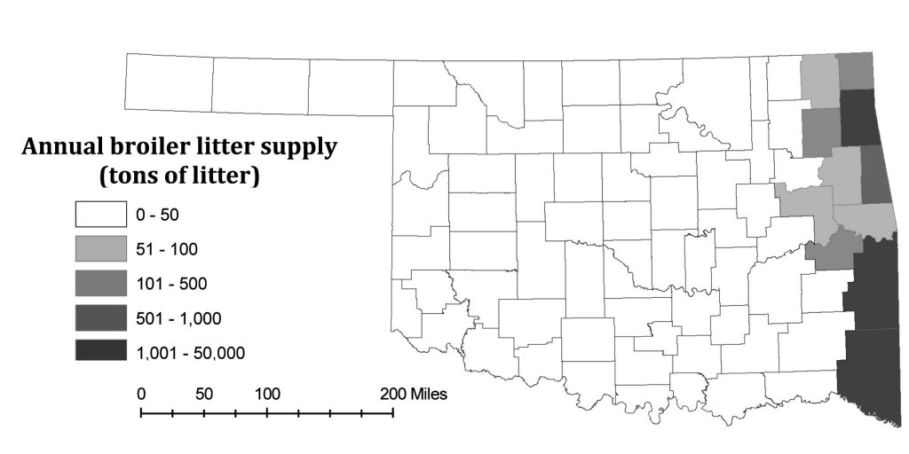 Map of Oklahoma showing annual broiler litter supply. Map of Oklahoma showing annual broiler litter supply.