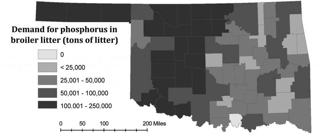 Map of Oklahoma showing total demand for broiler litter. Map of Oklahoma showing total demand for broiler litter.