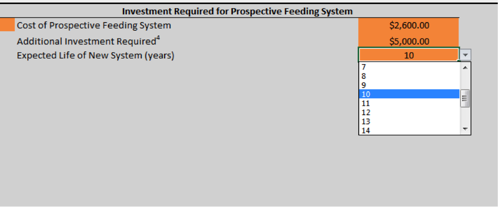 A screenshot of a user choosing the expected life of equipment for a prospective feeding system.