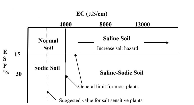 Salinity and sodicity thresholds in soil based on soil electrical conductivity (EC) and exchangeable sodium percentage (ESP). Salinity and sodicity thresholds in soil based on soil electrical conductivity (EC) and exchangeable sodium percentage (ESP).
