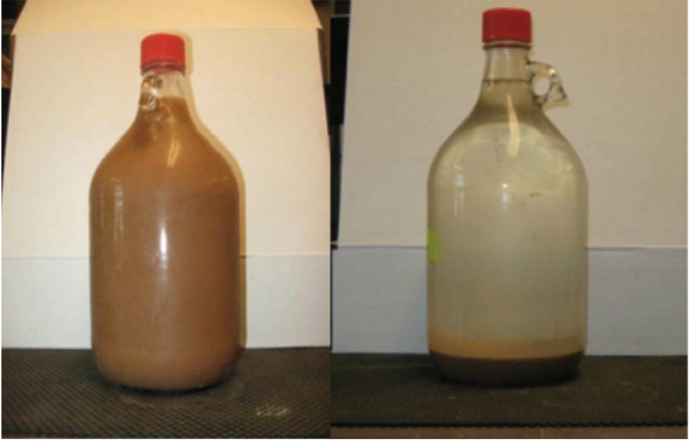  Example of water-base mud (WBM) pictured with (left) and without agitation.
