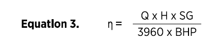 Equation 3. n= Q x H x SG / 3960 x BHP.