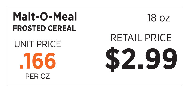 A grocery store price tag for Malt-O-Meal Frosted Cereal showing a unit price of $0.166 per ounce and a retail price of $2.99 for a 18-ounce package.