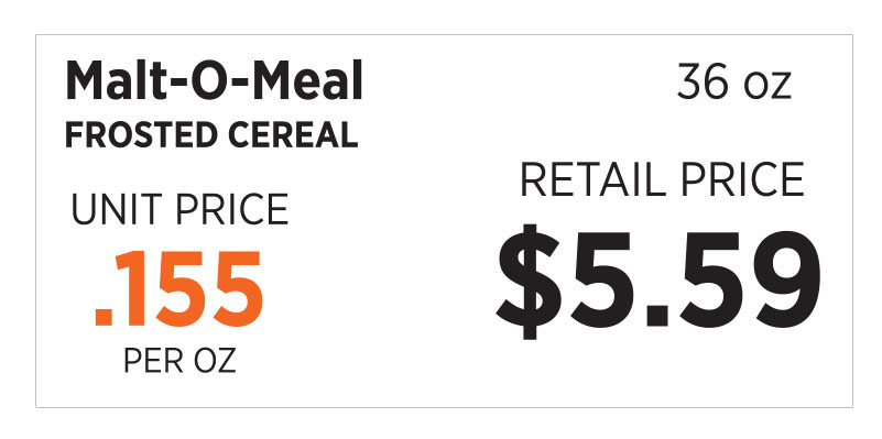 A grocery store price tag for Malt-O-Meal Frosted Cereal showing a unit price of $0.155 per ounce and a retail price of $5.59 for a 36-ounce package.