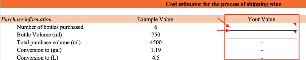 Screen shot of Excel section for volume calculations